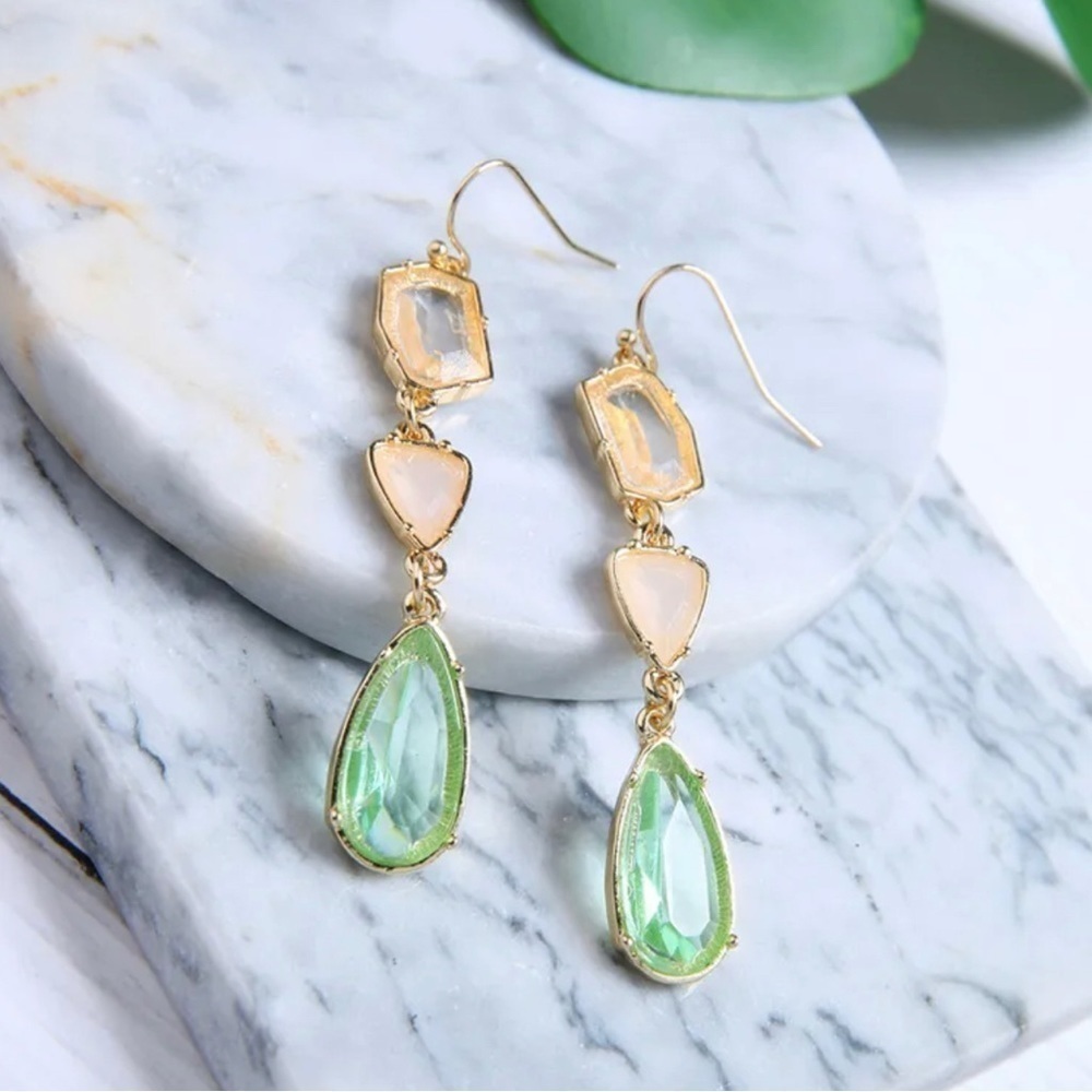 Artificial gemstone water droplet dangling earrings